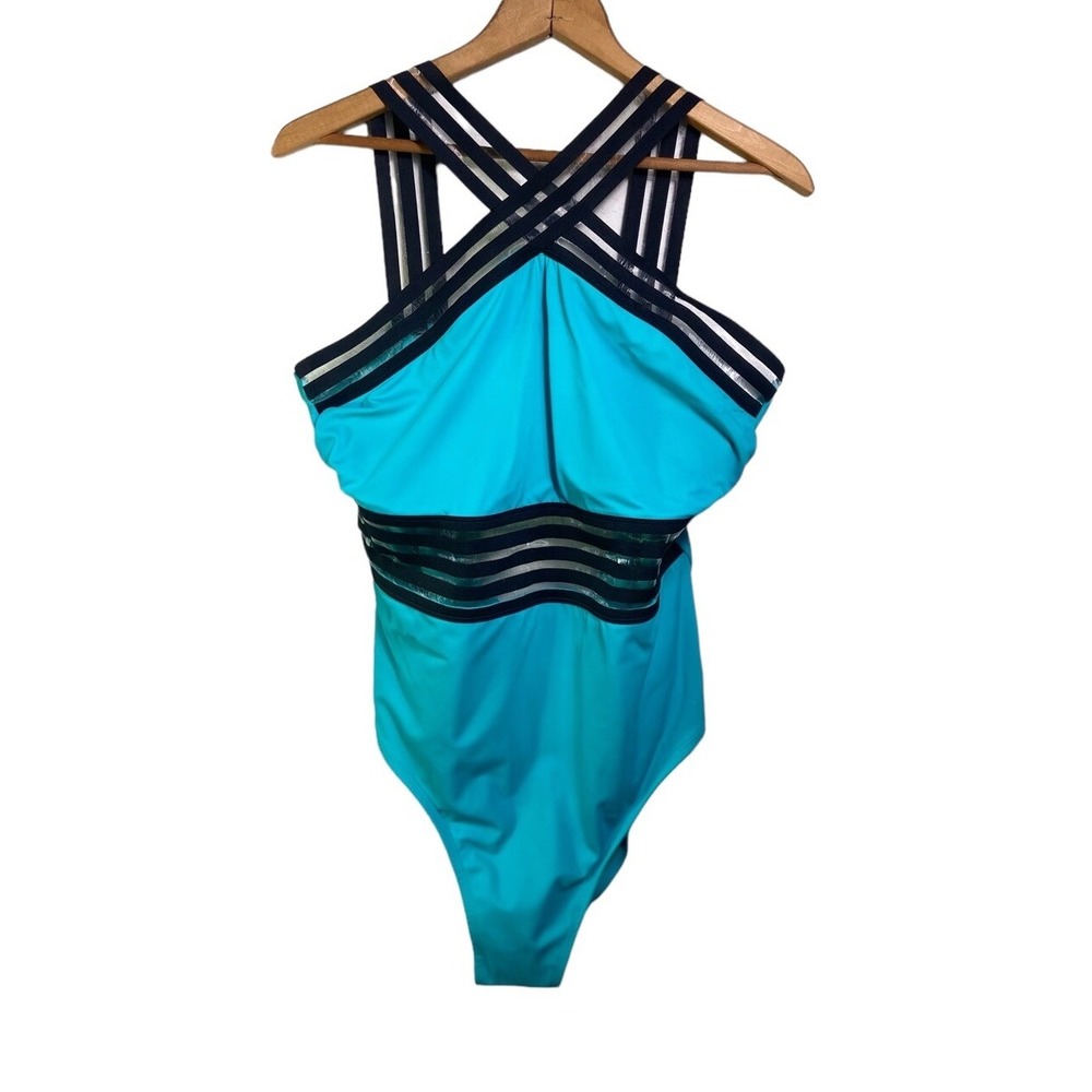 Boutique Teal 1 Piece Bathing Suit Black Stripe See Through Straps Plus Size 1X